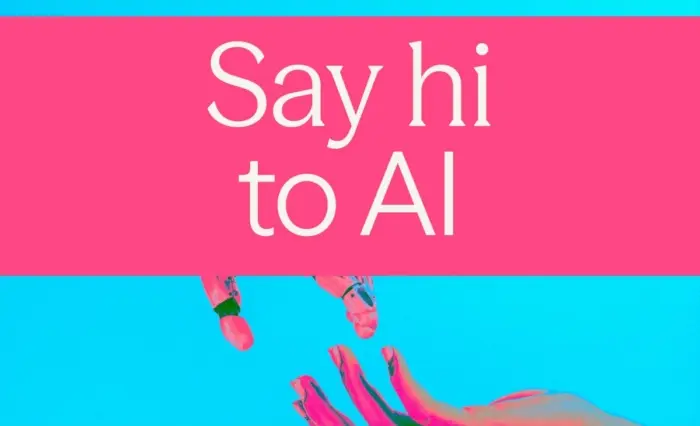 Robot and human hands touching with title Say hi to AI