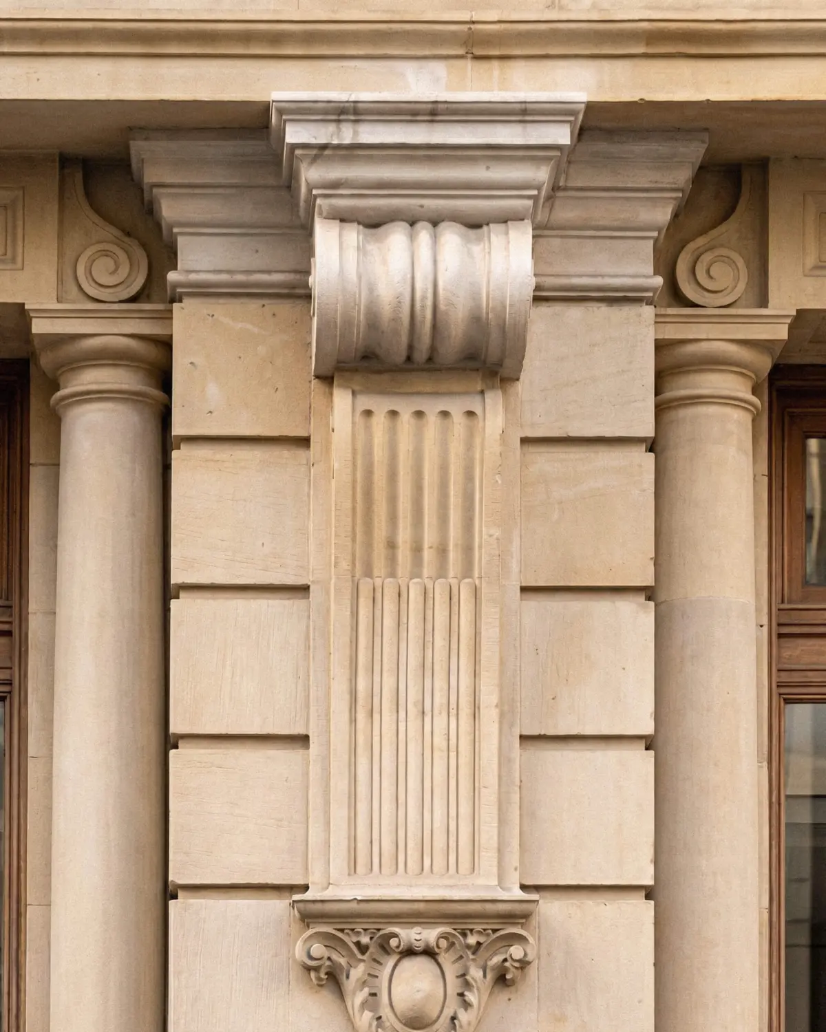 Detail of an architectural column at the entrance of the office building