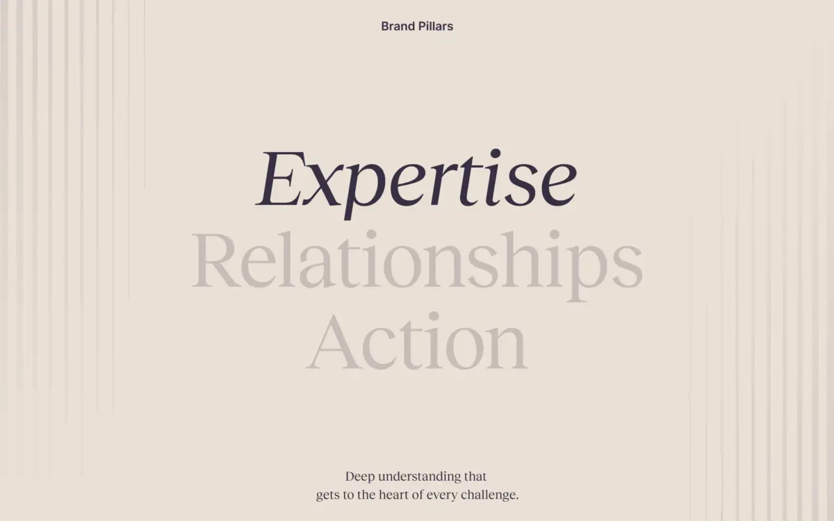 Three brand pillars with description for Devonshires Law Firm showing the strategic direction for the identity